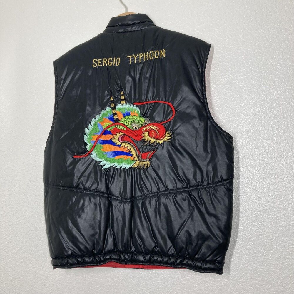 Sergio Valente Vest Mens Large Black Puffer Quilted Dragon Back Embroidered